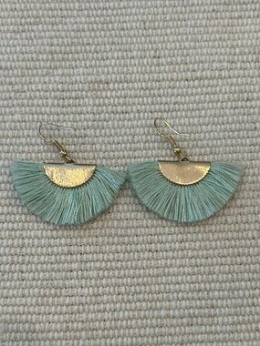 Handmade Mint Fan Tassel Earrings with Gold Accent